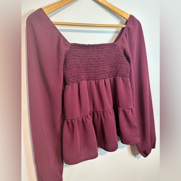 Paper Crane Maroon Smocked Baby Doll Long Sleeve Blouse - Picture 2 of 6